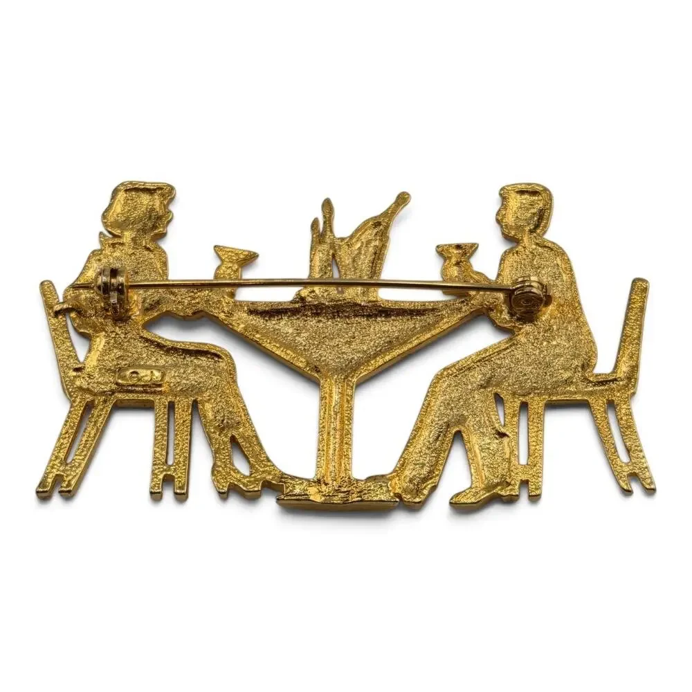 Vintage JJ Jonette Cocktail Couple Brooch Gold Tone Figural Pin 2.5